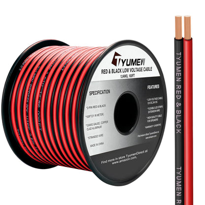 100FT 12/2 Gauge 2pin 2 Color Red Black Cable Hookup Electrical Wire LED Strips Extension Wire 12V/24V DC Cable, 12AWG Flexible Wire Extension Cord for LED Ribbon Lamp Tape Lighting