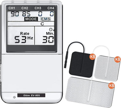 iSTIM EV-805 TENS EMS 4 Channel Rechargeable Combo Machine Unit - Muscle Stimulator + Back Pain Relief and Management- 24 Programs/Backlit (Including Electrodes Pads)