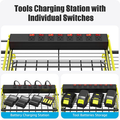 CCCEI Green Power Tool Organizer Wall Mount, Large Tools and Battery Storage Rack Charging Station Individual Switches. Drills Holder, Garage Utility Shelves with 6FT Power Strip. Gift for Men.