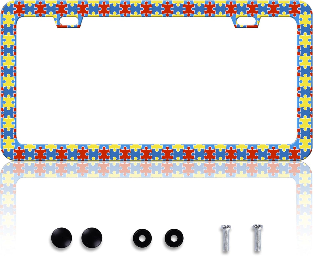 Autism Awareness License Plate Frame Puzzle License Plate Frames Personalise Stainless Steel Funny Design Compatible with Standard License Plate Holder for USA Canada 6 X 12 Inch 2 Holes with Screws