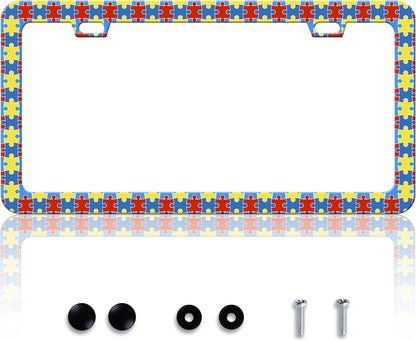 Autism Awareness License Plate Frame Puzzle License Plate Frames Personalise Stainless Steel Funny Design Compatible with Standard License Plate Holder for USA Canada 6 X 12 Inch 2 Holes with Screws