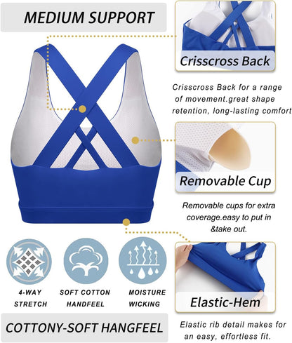 RUNNING GIRL Sports Bra for Women, Criss-Cross Back Padded Strappy Sports Bras Medium Support Yoga Bra with Removable Cups