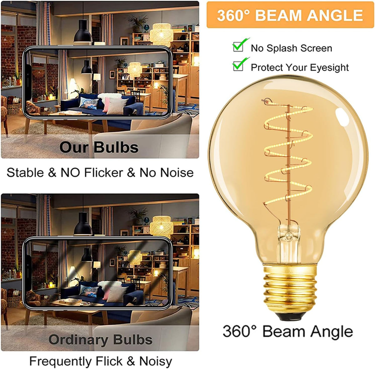 Leools Vintage LED Spiral Filament Bulb G25/G80 Dimmable Flick-Free 6W CRI95 LED Edison Globe Light Bulb E26 Base,Amber Glass,Warm White,2200K, 400LM(40W Equivalent), Pack of 4