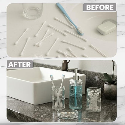 Escenzy Clear Glass Bathroom Accessories Set 4 Pcs | Premium Liquid Soap Dispenser and Toothbrush Holder Set, Qtip Holder, Soap Tray | Bathroom Countertop Organizer | Modern Bathroom Accessory Sets
