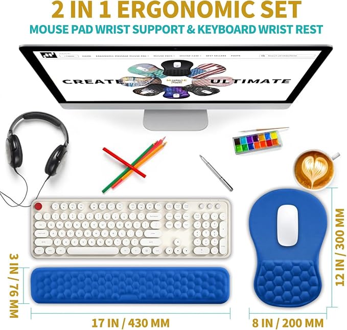 Hokafenle 2 in 1 Ergonomic Mouse Pad Wrist Support & Wrist Rest for Computer Keyboard Set, with Relieve Carpal Tunnel Pain Massage Bulge and Full Memory Gel Design (2In1 Set, Dg Blue)