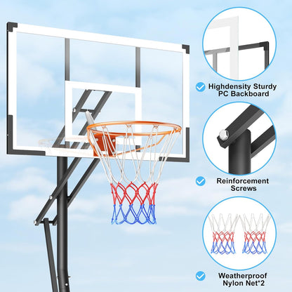 10FT Basketball Hoop Adjustable Easily, Portable Hoops & Goals Outdoor Basketball Goal System with PC Backboard and Wheels for Teens Youth Adults