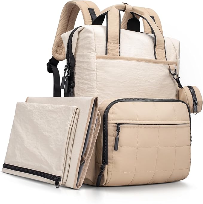VONAL Diaper Bag Backpack, Lightweight Baby Diaper Bags, Travel Large Diaper Bag with Changing Station, Khiki Diaper Backpack for Boys Girls Newborn with Insulated Pockets, Stroller Straps
