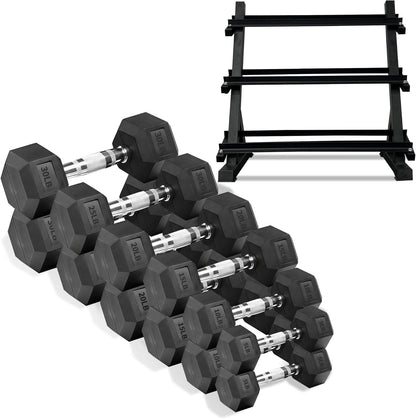 Ritafer 6-10 Pair Hex Rubber Dumbbell Set 350/450 and 550 lbs（5-50 lbs ）Hand Free Weight for Strength Coated Encased Iron Weights with Dumbbells Storage Rack Home Gym