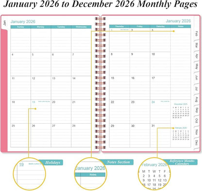 Daily Planner 2026 Full Page Per Day- 2026 Daily & Monthly Planner from January 2026 to December 2026, Day Planner 2026 with 12 Months Tabs, 6.4" x 8,5", Pink