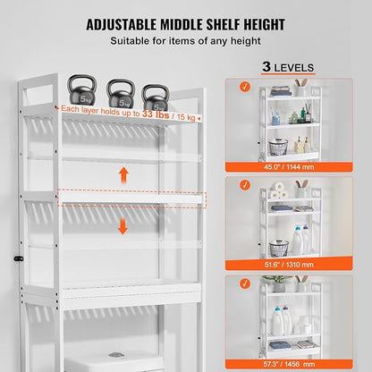 VEVOR Over The Toilet Storage, 3-Tier Adjustable Over Toilet Bathroom Organizer, Bamboo Storage Shelf Rack with 3 Hooks, Freestanding Easy Assembly Laundry Space Saver, Fit Most Toilets, White