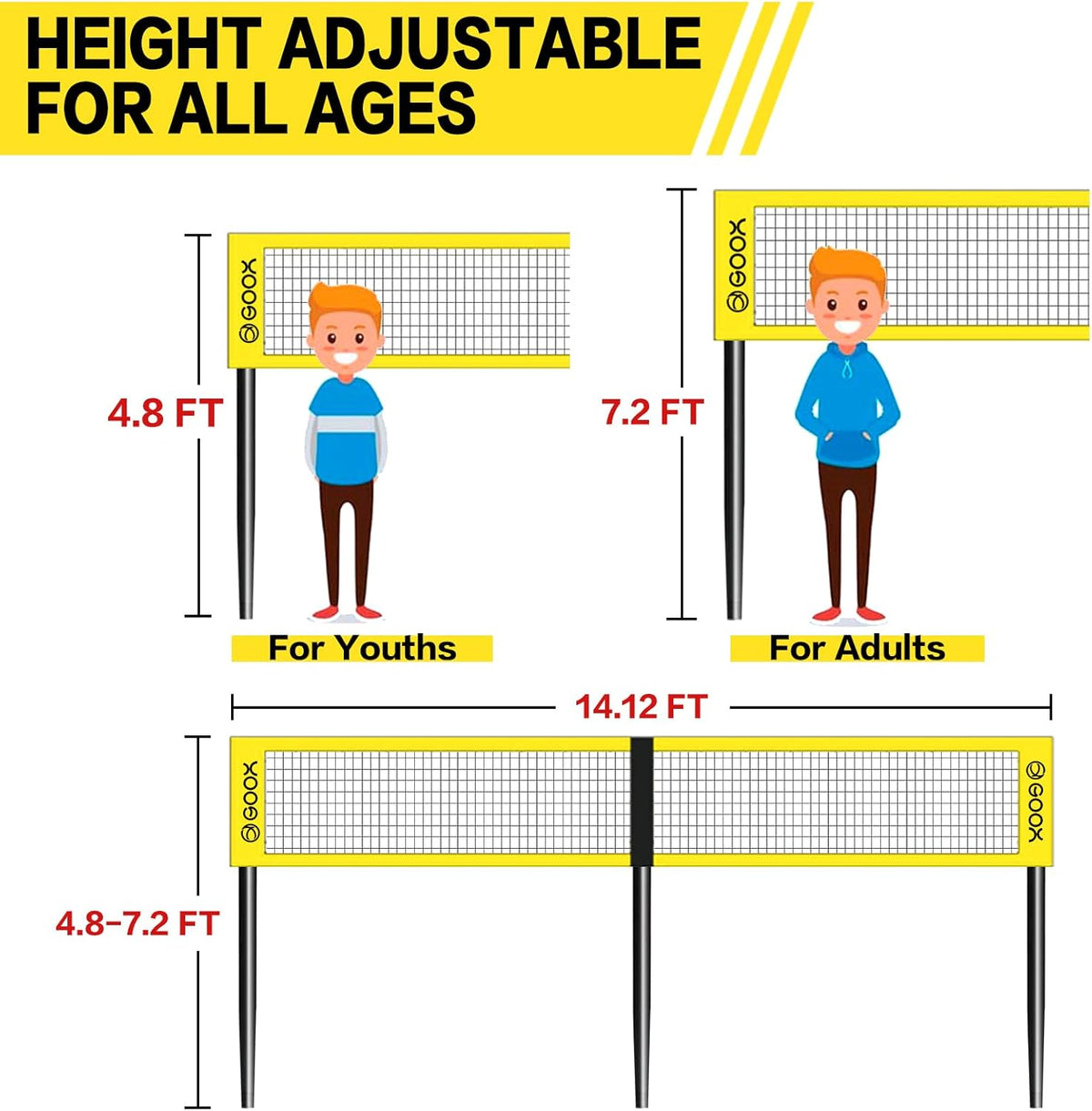 GOOX 4 Square Volleyball Net Game Set, 14 FT 4-Way Volleyball Net for Backyard Beach Lawn, Portable Four Square Volleyball Net for Adults & Youths with Vollyball, Pump, Carry Bag