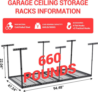 Overhead Garage Storage Rack, Heavy Duty Ceiling Storage Racks for Garage, Adjustable Height, 660LBS Weight Loading,4x8 FT Hanging Organizer Shelving for Warehouse Basement, Black