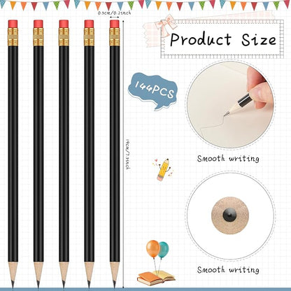 Outus 144 Pieces Round Pencils Cute HB Graphite Wood Pencils Bulk with Eraser for School Writing Drawing Sketching Wedding Office Supplies(Black)