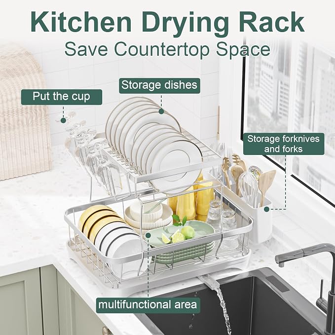 LIYI Dish Drying Rack,Large Dish Rack for Kitchen Counter,2-Tier Dish Racks with draining Tray,Detachable Capacity Dish Drainer Organizer,White