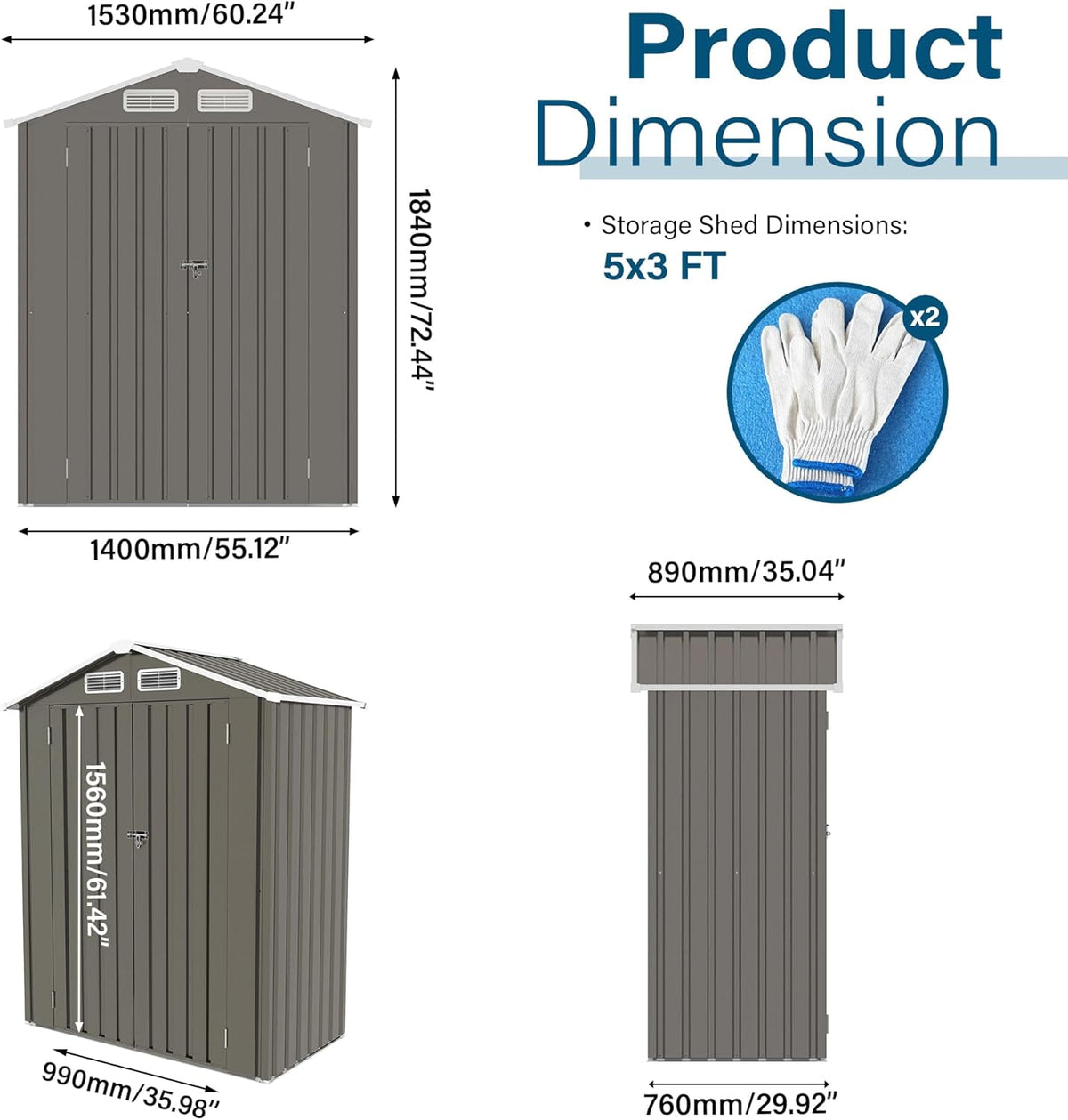 5X3 FT Metal Outdoor Storage Shed, Waterproof Tool House with Peaked Roof and Lockable Door, Weather-Resistant Garden Sheds for Backyard, Patio, Sundries and Bike Storage, Gray