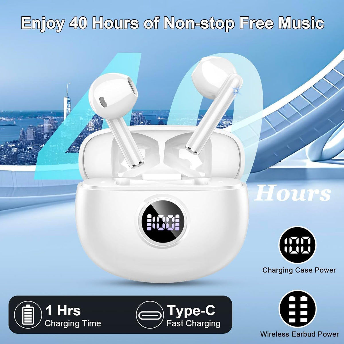 Wireless Earbuds, 2025 Bluetooth 5.3 Headphones HiFi Stereo Ear buds with ENC Noise Cancelling Mics, 40H Bluetooth Earbuds with Dual LED Display, IP7 Waterproof in Ear Earphones for Android iOS, White