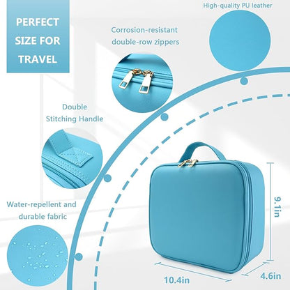 Travel Makeup Bag for Women and Makeup Artists Cosmetic Organizer Large Makeup Case,Travel Makeup Bag with Mirror 3 Color Setting,Portable Storage and Adjustable Dividers(blue)
