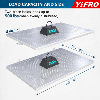 2-Pack 2x3ft Heavy Duty Garag e Wall Shelving, 500 lbs Load Capacity, Garage Shelving Wall Mounted, Garage Storage Rack with Hooks, White
