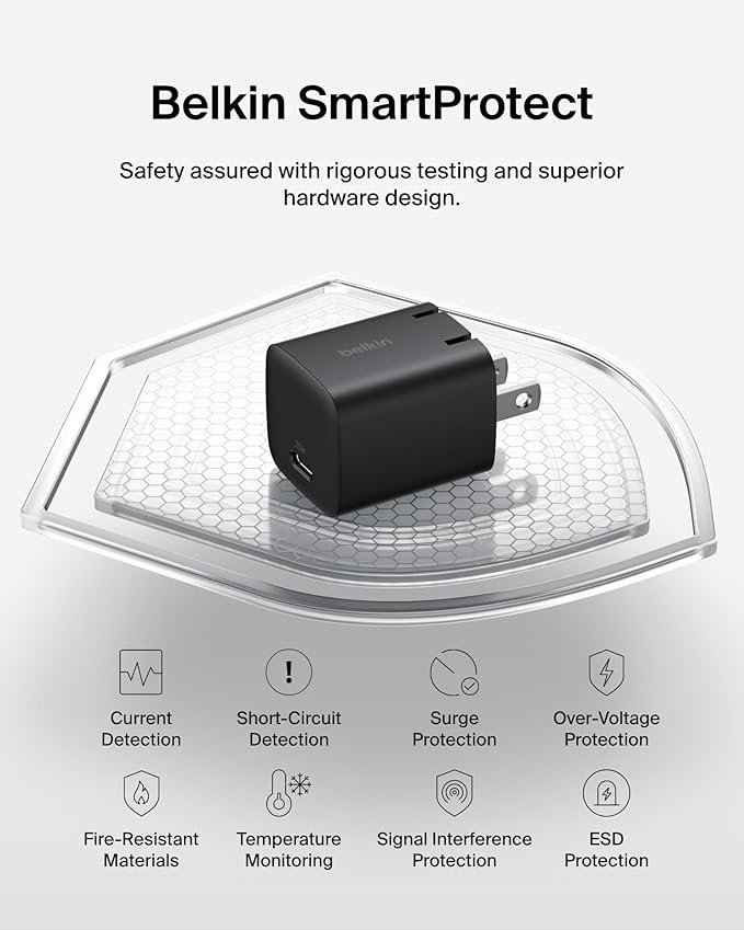 Belkin USB C Charger Block 25W – PD3.0 PPS Super Fast Charging - Samsung Galaxy S25, S24, Apple iPhone 17, Air, Pro, Pro Max, AirPods, Apple Watch, Google Pixel 10, Nintendo Switch, etc - Black