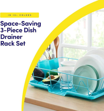 Space-Saving 3-Piece Dish Drainer Rack Set: Efficient Kitchen Organizer for Quick Drying and Storage - Includes Cutlery Holder and Drainboard - Maximize Countertop Space, Turquoise Blue