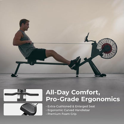 Sunny Health & Fitness Air Rowing Machine, Space-Saving Rower with Long Rail and Upright Storage for Home Gym, Full-Body Cardio Workout, Free SunnyFit Training App