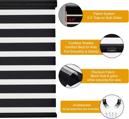 Persilux Cordless Zebra Blinds for Windows Free-Stop Roller Windows Shades (34" W X 47" H, Black) Dual Layer Light Control for Day and Night, Light Filtering Sheer Shades for Home, Easy to Install