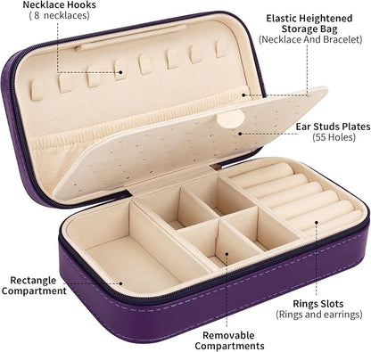 DesignSter Travel Jewelry Box, PU Leather Portable Jewelry Case, Small Jewelry Boxes for Gifts, Travel Jewelry Organizer for Women Rings Earrings Necklaces Bracelets (Dark Purple)