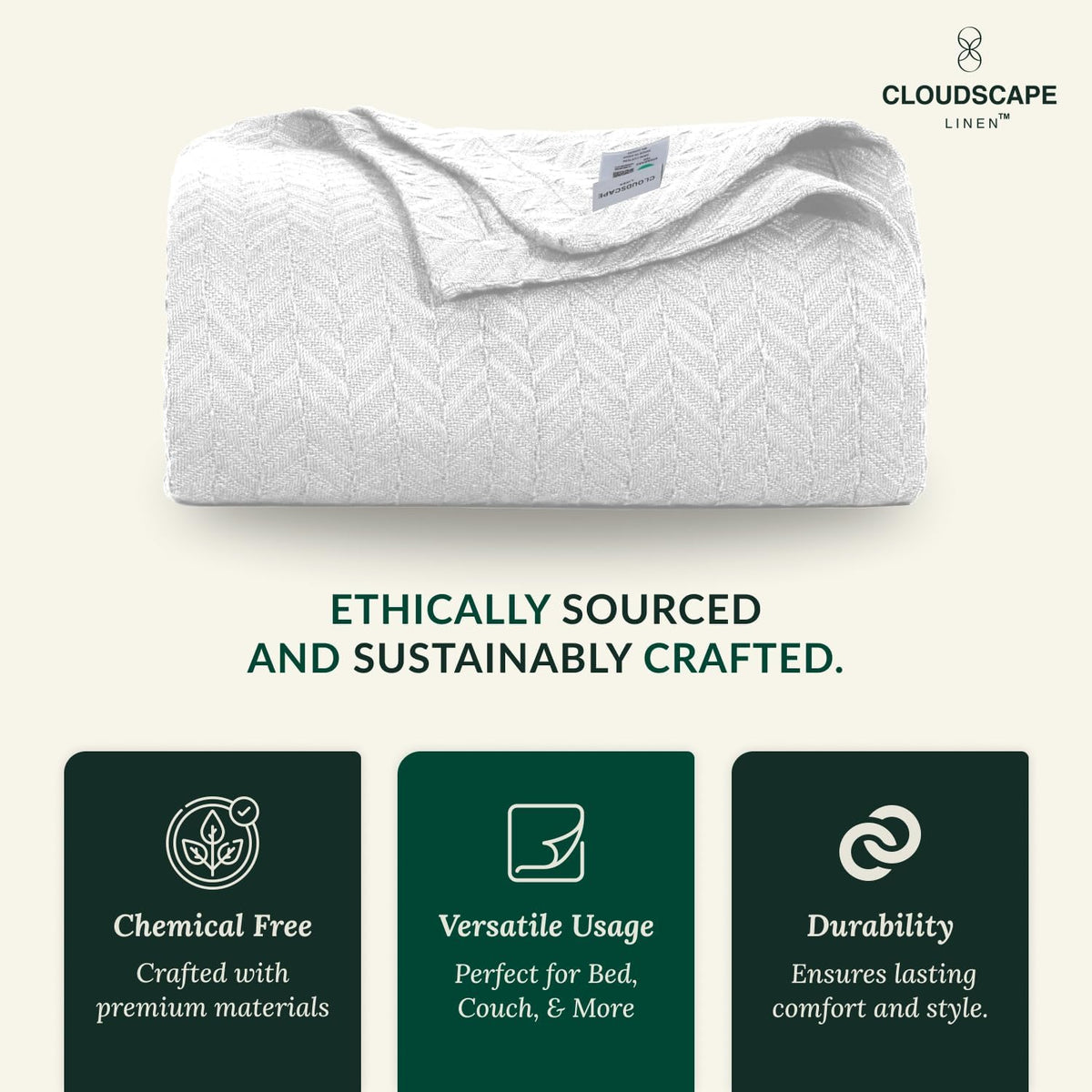 Cloud Scape Linen 100% Cotton Queen Size Blanket, Herringbone Pattern, Lightweight Summer Blanket,Best Gifts for Women, fits Full Size Bed, 92 x 92, White