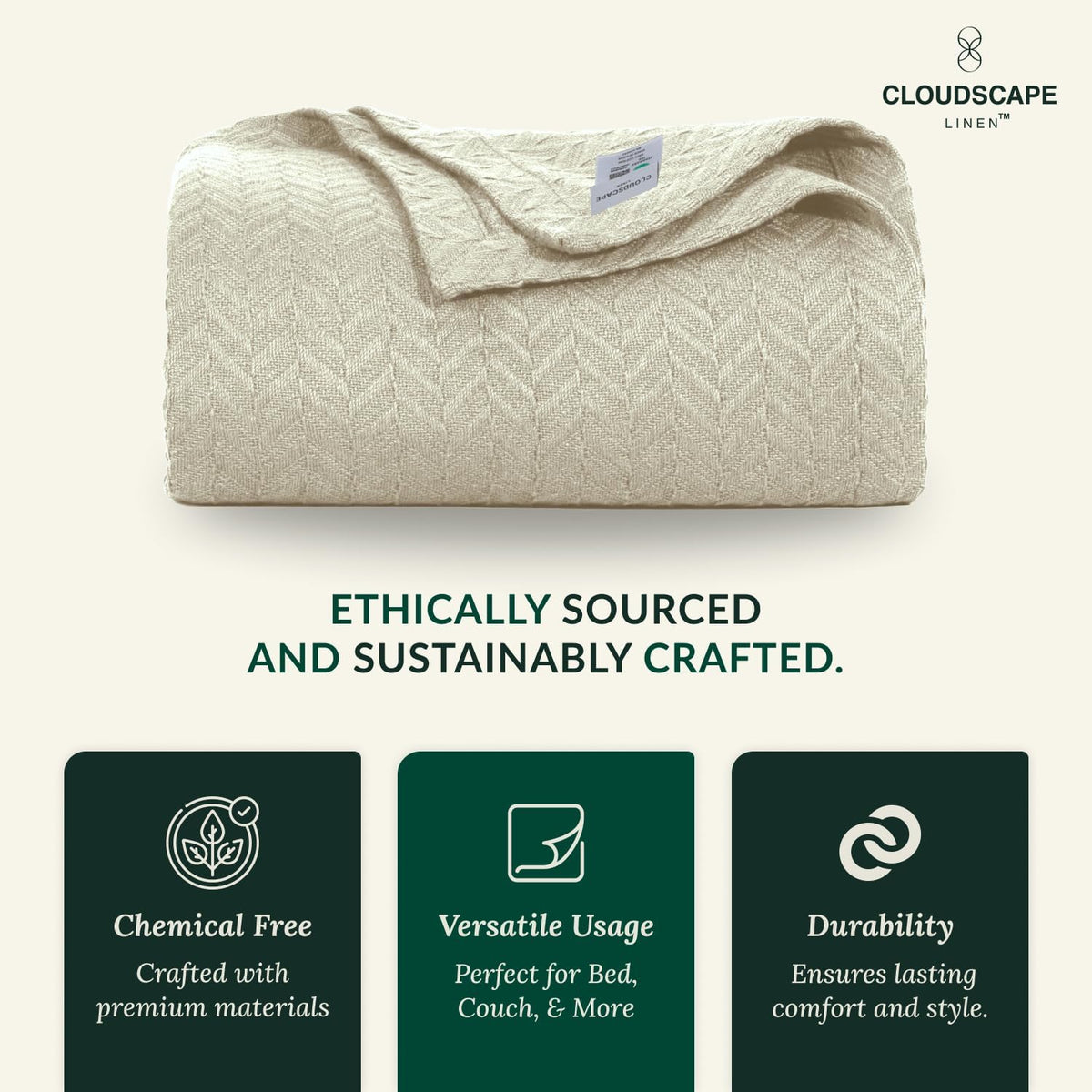 Cloud Scape Linen 100% Cotton Blanket King Size for Bed – Lightweight Summer Blanket, Herringbone Weave,fits California King Size Bed, 92x108,Beige Fog