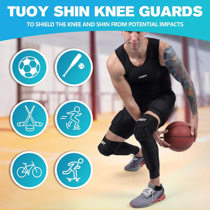 TUOY Knee Pad with Shin Guard Pads, Protective Shin/Knee Sleeve Support for Soccer, Football, Basketball, Wrestling, Volleyball (A Pair)
