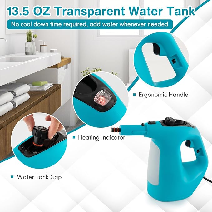 COSTWAY Handheld MultiPurpose Steam Cleaner with 17 Pieces, 350ml Large Capacity Steam Mop Continuous Fill water, Portable Chemical-Free Steamer for Home Use, Floors, Windows, 1400W, Blue