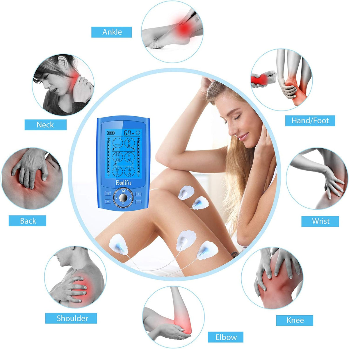 Belifu Dual Channel TENS EMS Unit 24 Modes Muscle Stimulator for Pain Relief Therapy, Electronic Pulse Massager Muscle Massager with 10 Pads, Dust-Proof Drawstring Storage Bag, Fastening Cable Ties