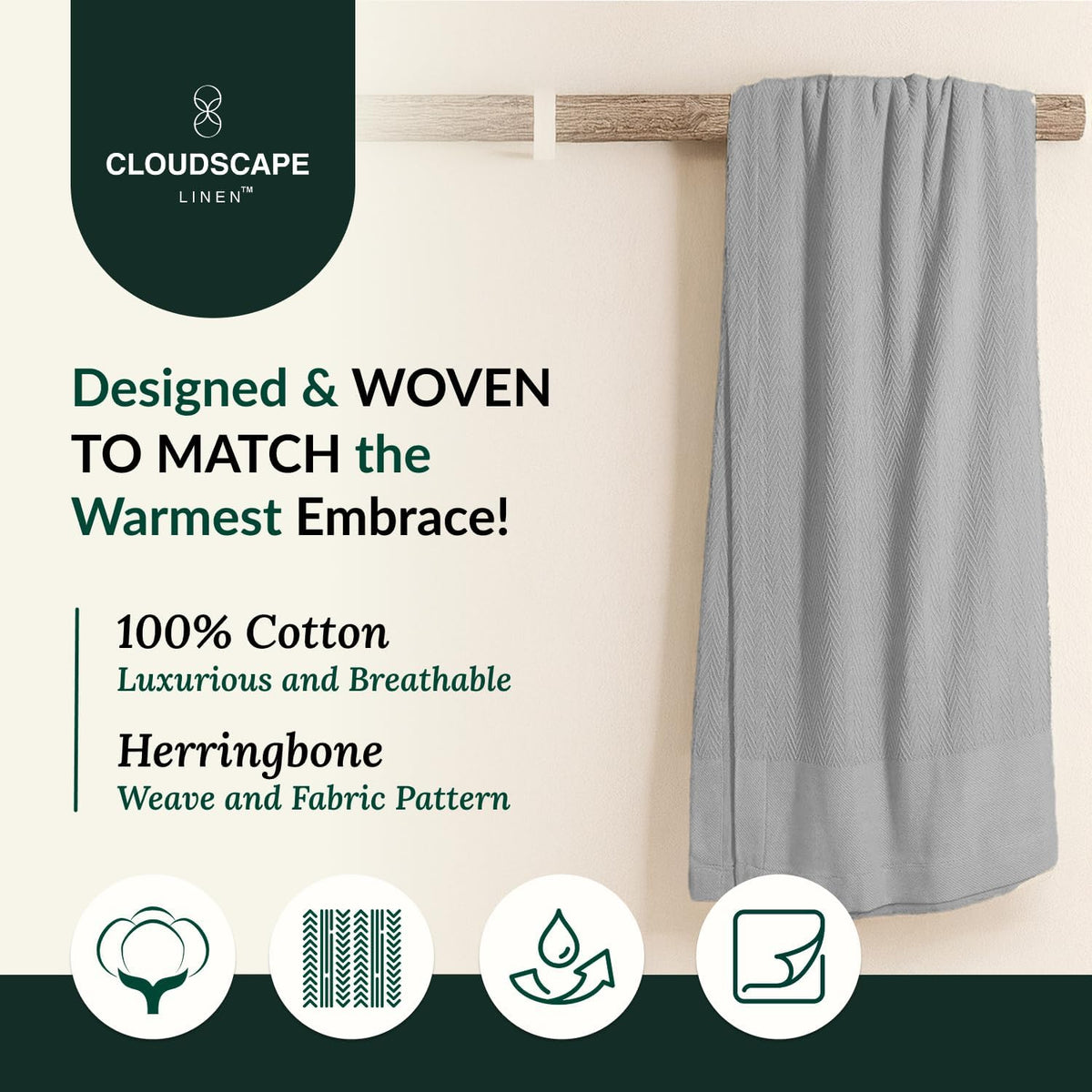 Herringbone Cotton Twin Blanket for Couch, Bed,Sofa, Home Decor, Soft, Lightweight, All-Season Bed Blanket, 68 x92, Light Grey