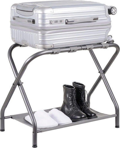 Heybly Luggage Rack, Steel Folding Suitcase Stand with Storage Shelf for Bedroom, Hotel, Foldable Steel Frame, Guest Room Bedroom Hotel, 22.8" L x 11.8" W x 20.9" H, Gray HLR004G1