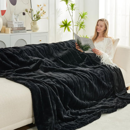 Cozy Bliss Faux Fur Throw Blanket for Couch, Cozy Warm Plush Striped Blanket for Sofa Bedroom Living Room, Black