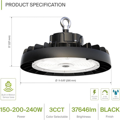 ASD LED High Bay UFO Light Fixture, Commercial Shop Lighting | 3CCT, Dimmable, IP69K Waterproof, DLC Premium, UL Listed | 240W 37600LM 3000-5000K 100-277V | Warehouse, Garage, Workshop Lamp | Black