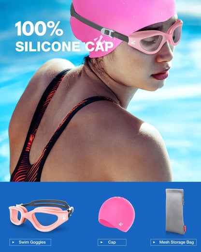 ZIONOR G1 Lite Swim Goggles with Swim Cap Comfortable Anti-fog Swimming Goggles Cap Set for Adult Men Women