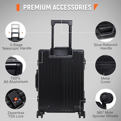 UrbanExplorer All Aluminum Carry On Luggage 22x14x9 Airline Approved Heavy Duty Hard Shell Suitcases Zipperless Suitcase with TSA Lock, Black, 20 Inch