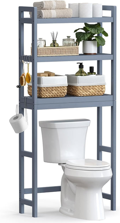 SONGMICS Over The Toilet Storage, 3-Tier Over Toilet Bathroom Organizer with Adjustable Shelf, 10.2 x 24.8 x 66.9 Inches, Space-Saving, Gray UBTS001G01