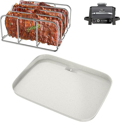 Griddle Pan & Rib Rack for Ninja Woodfire OG751/OG700 Series Grill, Non-Stick Upgraded Ceramic Cooking Flat Top Griddle Plate for Ninja XSKGRDPLT Woodfire Accessories, with 4 Full Racks Holder of Ribs