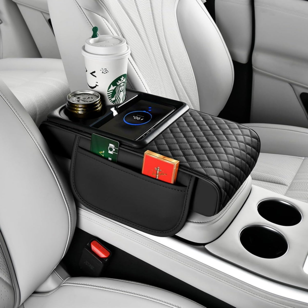 Upgrade Arm Rest Cover for Car, 5-in-1 Middle Console Cover Cushion Pad with Cup Holders & Side Pockets, Center Armrest Storage Box, Black