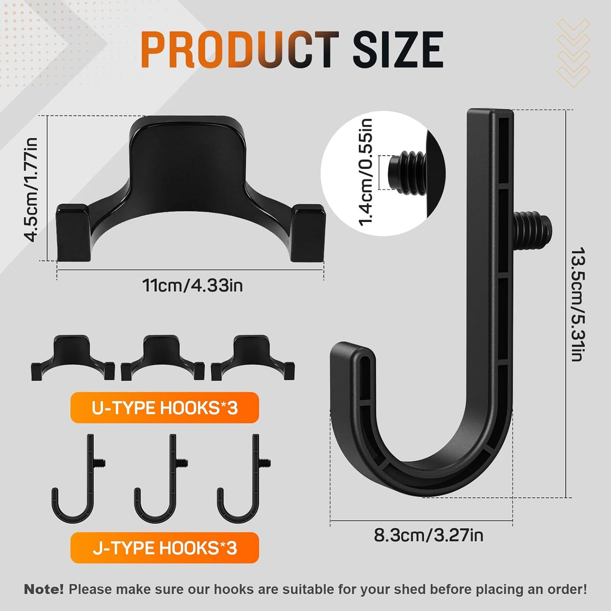 6Pcs Storage Shed Hooks Compatible with Suncast Shed, Black J and U Tool Hangers for Organizing Tool, Ladders, Bulk Items,Storage Shed Shelves Accessories