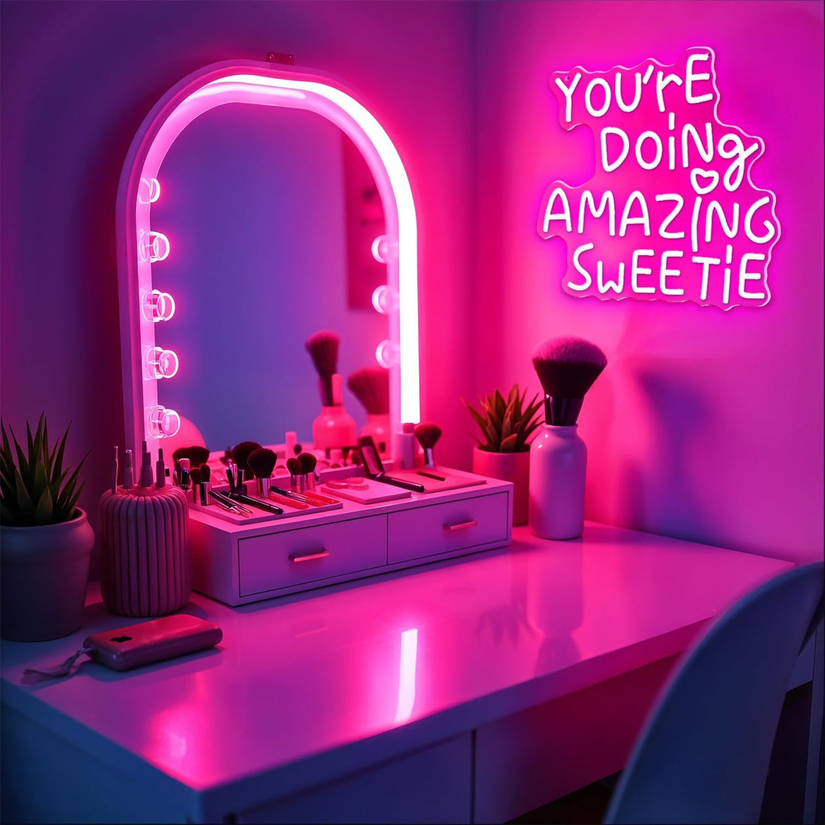 You're Doing Amazing Sweetie Neon Sign,Pink Led Neon Signs for Wall Decor,Dimmable Inspirational Letter Neon Lights USB Amazing Light Up Signs for Bedroom Classroom Party,Gift for Boys Girls