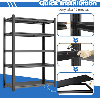 72" H Garage Shelving Adjustable Storage Shelves Metal Shelving Units 5-Tier Storage Shelves Heavy Duty for Basement, Commercial, Warehouse, Industrial, Black