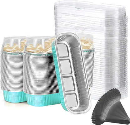 Findful Mini Loaf Baking Pans with Lids And Spoons (100 Pack, 6.8oz) Rectangle Aluminum Foil Baking Pans Tins Containers - Cupcake Containers Wrappers Cheesecake Creme Brulee Ramekins