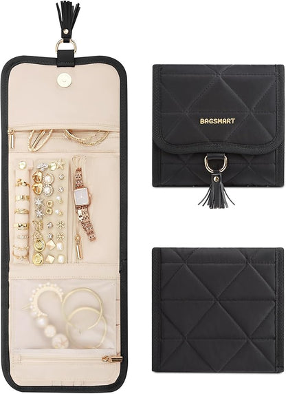 BAGSMART Travel Jewelry Case Organizer, Roll Foldable Jewelry Case for Journey-Rings, Necklaces, Earrings, Bracelets, Brooches, Min, Black