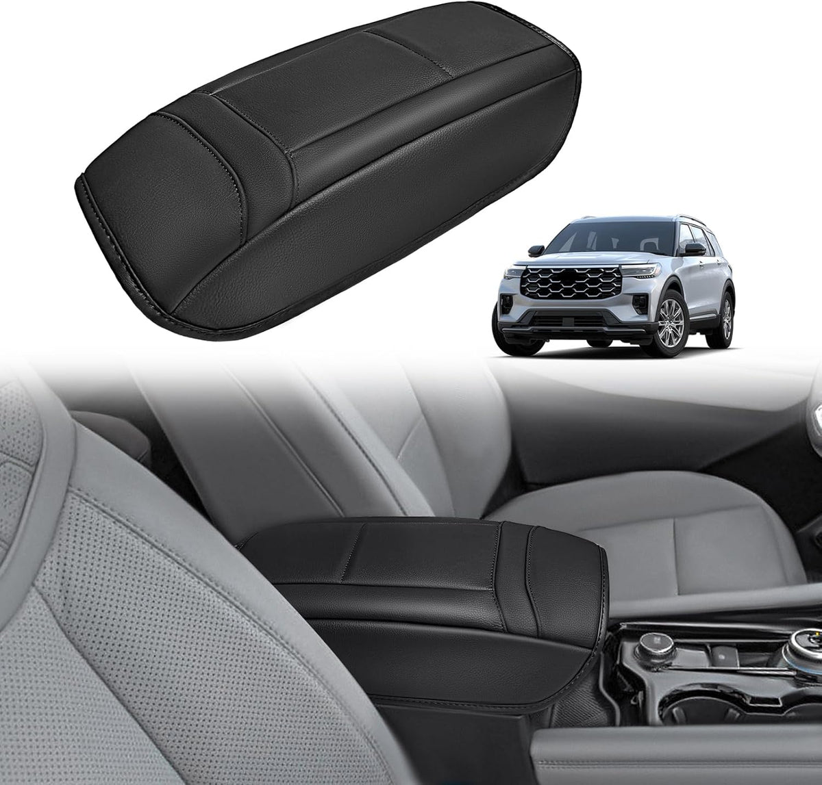 Muslogy Center Console Armrest Cover Compatible with Ford Explorer 2020-2024 2025 Comfort Armrest Pad Arm Rest Cushion Vegan Leather Protector Regular Thick