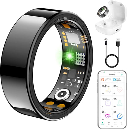 Ring Health Tracker for Women Men, Fit Ring with Heart Rate, Blood Oxygen, Sleep Monitor, Calories, Step Counter, IP68 Waterproof Smart Ring for iPhone & Android, No Subscription Fee (Black, 6#)