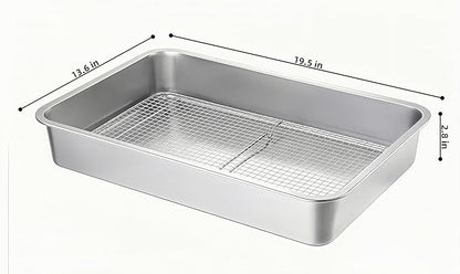 Stainless Steel Sturdy Roasting Pan with Cooling Rack – Oven, Toaster & Grill Safe, Deep Edge, Smooth Finish, Dishwasher Safe – Perfect for Turkey, Chicken, BBQ (19.5x13.6x2.8in)