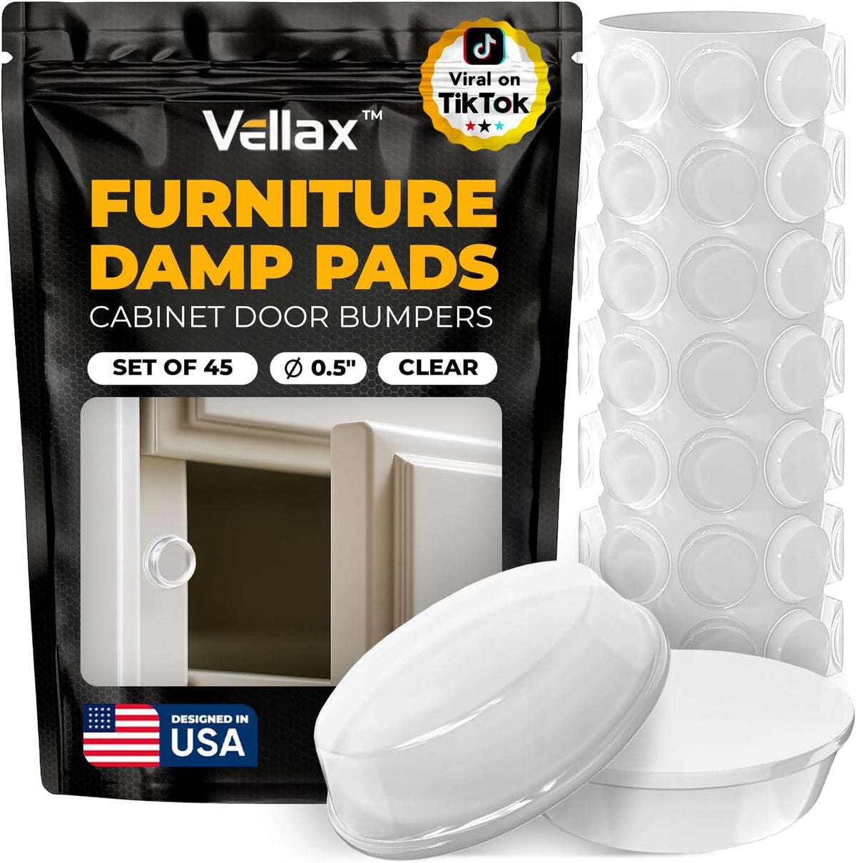 45 Clear Cabinet Door Bumpers - 1/2” Diameter White Self Adhesive Pads, Stoppers, Rubber Bumpers for Drawers, Cupboards, Cutting Boards, Glass Tops, Picture Frames, Kitchen Furniture by Vellax